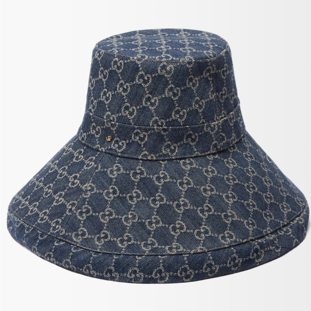 Gucci Wide Brim GH Jacquard denim bucket hat. New season. Xs